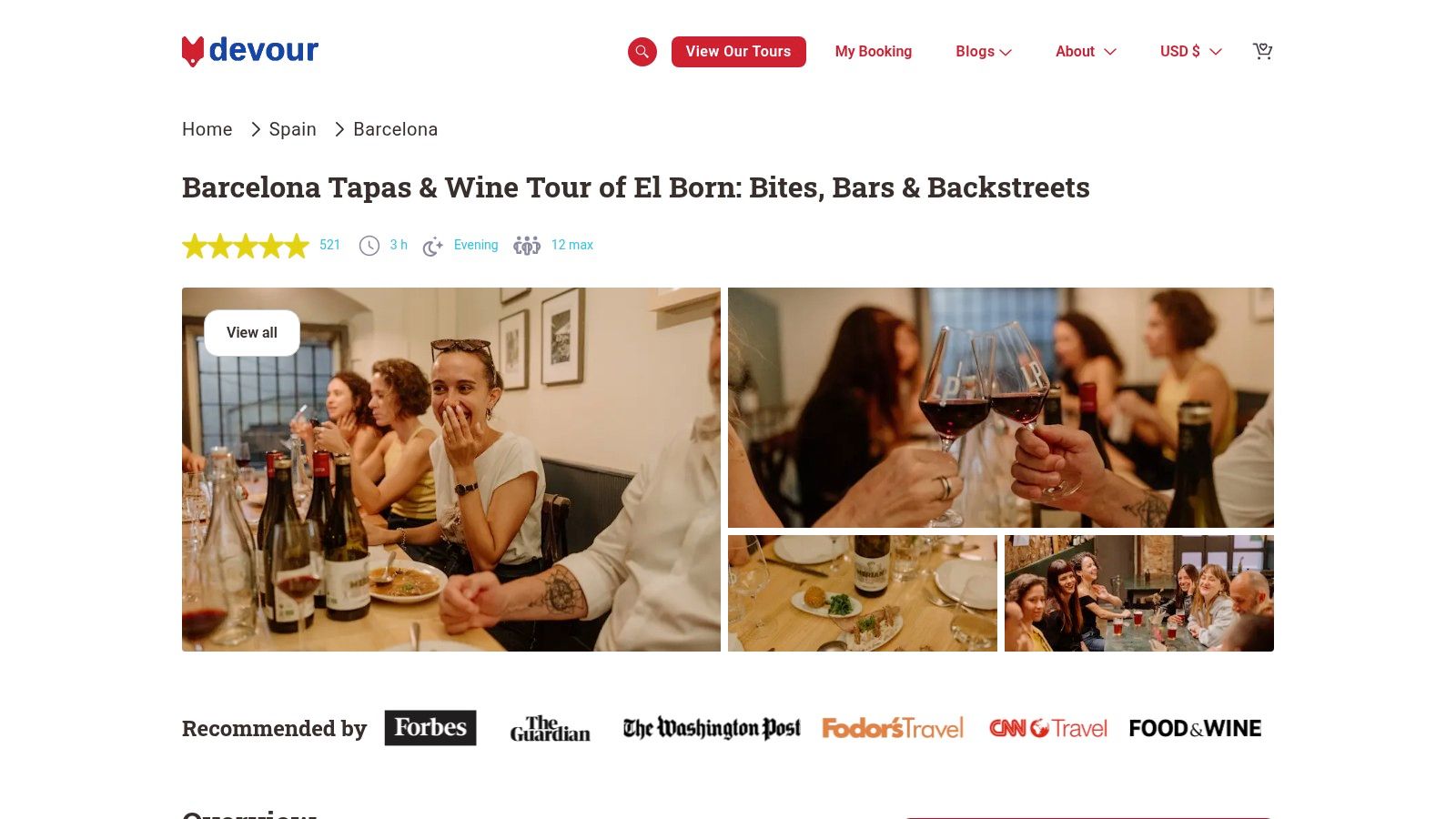 A guide from Devour Tours explaining a wine pairing to a small group in a Barcelona bodega