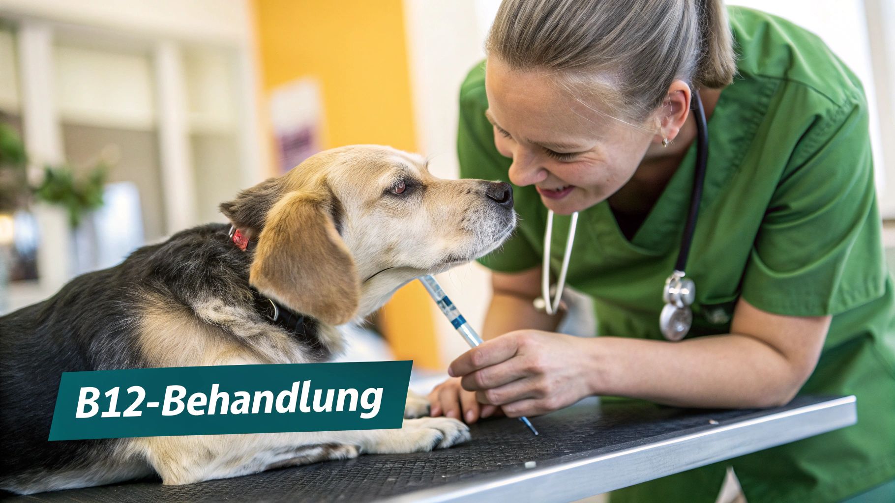 Eine Tierärztin gibt einem Hund vorsichtig eine Spritze, während der Besitzer ihn beruhigt.