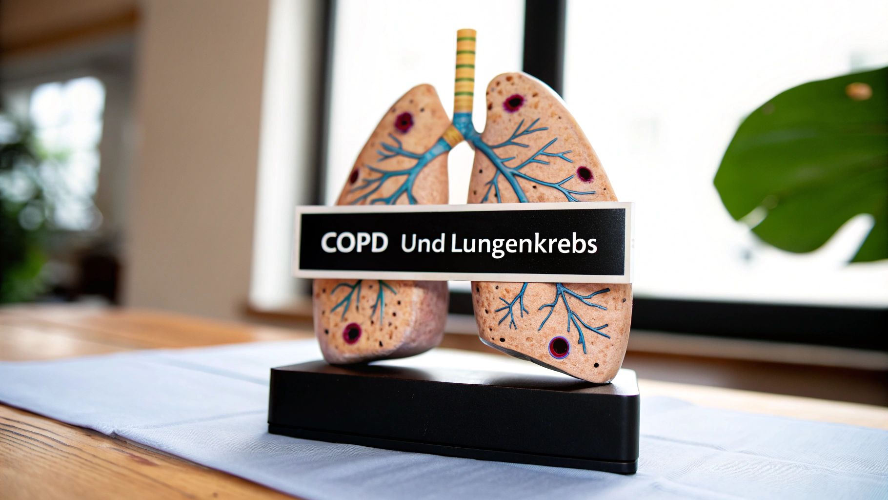 Nahaufnahme einer Raucherlunge, die dunkle Flecken und Gewebeschäden zeigt.