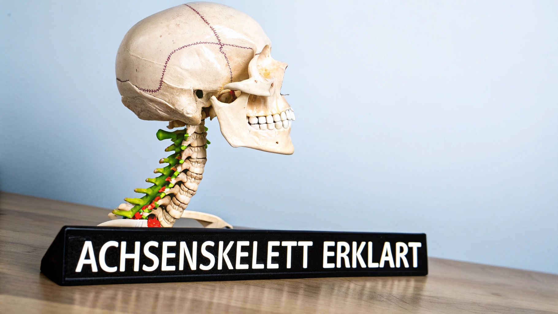Anatomisches Achsenskelett Modell mit beschrifteter Wirbelsäule und Schädel zur medizinischen Erklärung