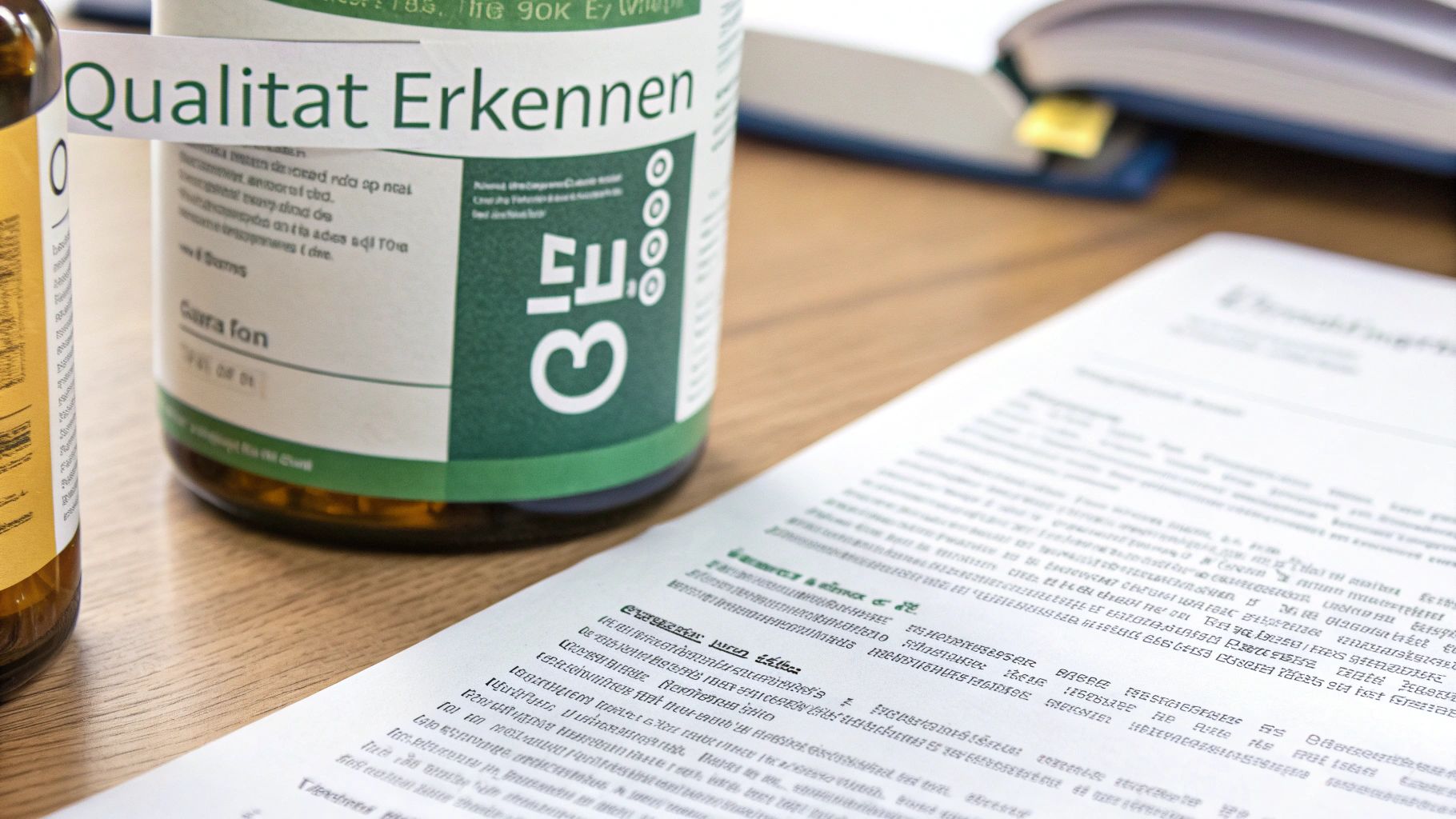 Nahaufnahme einer grünen Nahrungsergänzungsmittelflasche mit der Aufschrift „Qualität Erkennen“ und Papieren auf einem Holztisch.