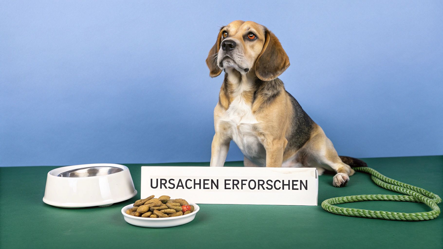 Ein Hund liegt im Gras und schaut nachdenklich, während sein Besitzer ihn streichelt.