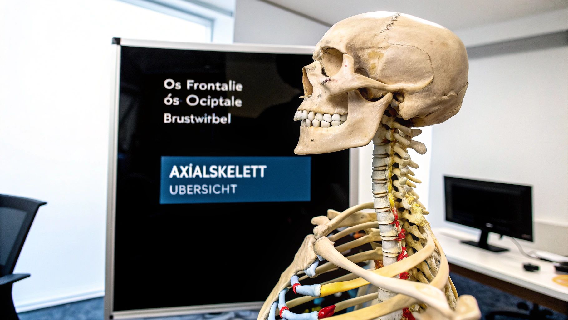 Ein detailliertes menschliches Skelettmodell mit Schädel, Wirbelsäule und Rippen vor einer Informationstafel zum Axialskelett.