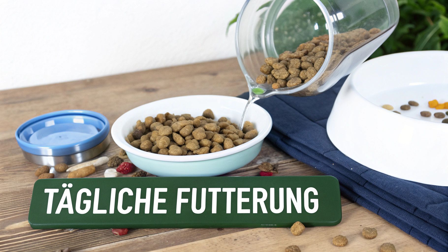 Ein glücklicher Senior-Hund isst sein Trockenfutter aus einem Napf