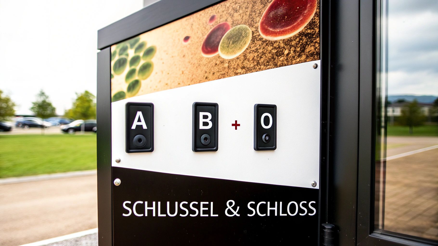 Eine Informationstafel zeigt die Blutgruppen A, B, O und den deutschen Schriftzug 'Schlüssel & Schloss'.