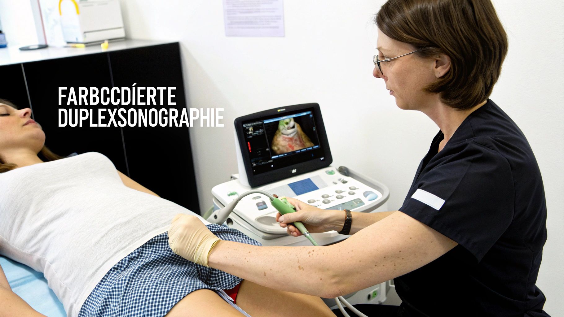 Eine Ärztin führt eine Farbduplexsonographie an einer Patientin durch, während sie den Bildschirm betrachtet.