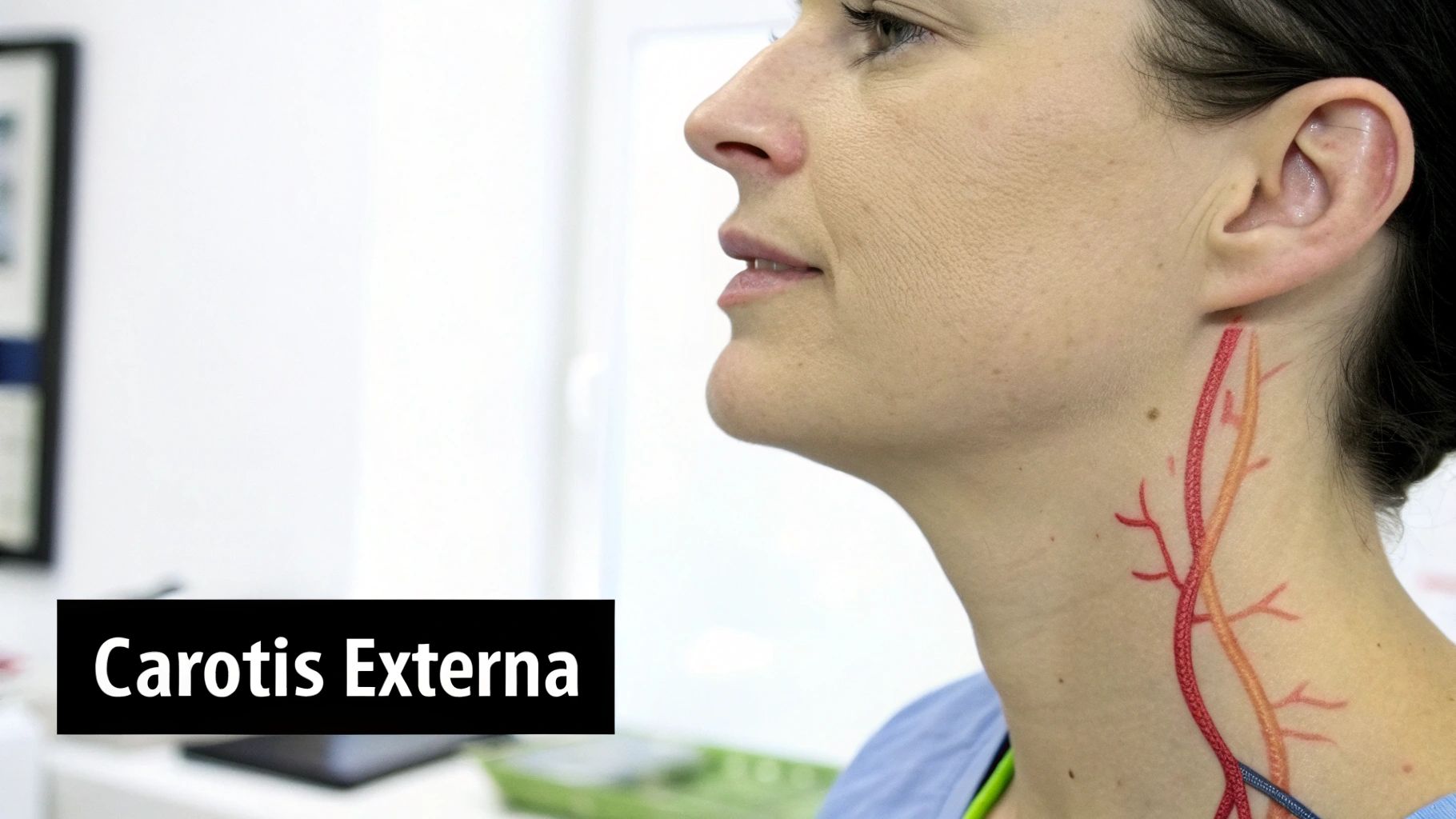 Ein Diagramm, das den Verlauf der A carotis externa und ihrer Hauptäste im Kopf- und Halsbereich zeigt.