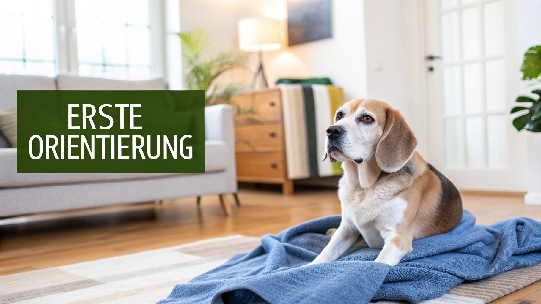 Ein Beagle sitzt auf einer blauen Decke in einem hellen Wohnzimmer. Auf einem grünen Feld steht „ERSTE ORIENTIERUNG“.
