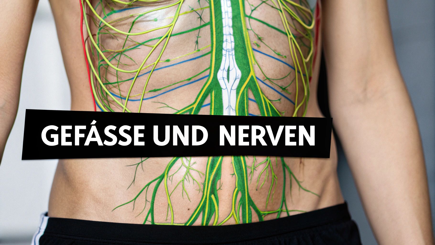 Menschlicher Oberkörper mit überlagerten anatomischen Darstellungen von Nerven und Blutgefäßen. Text: GEFÄSSE UND NERVEN.