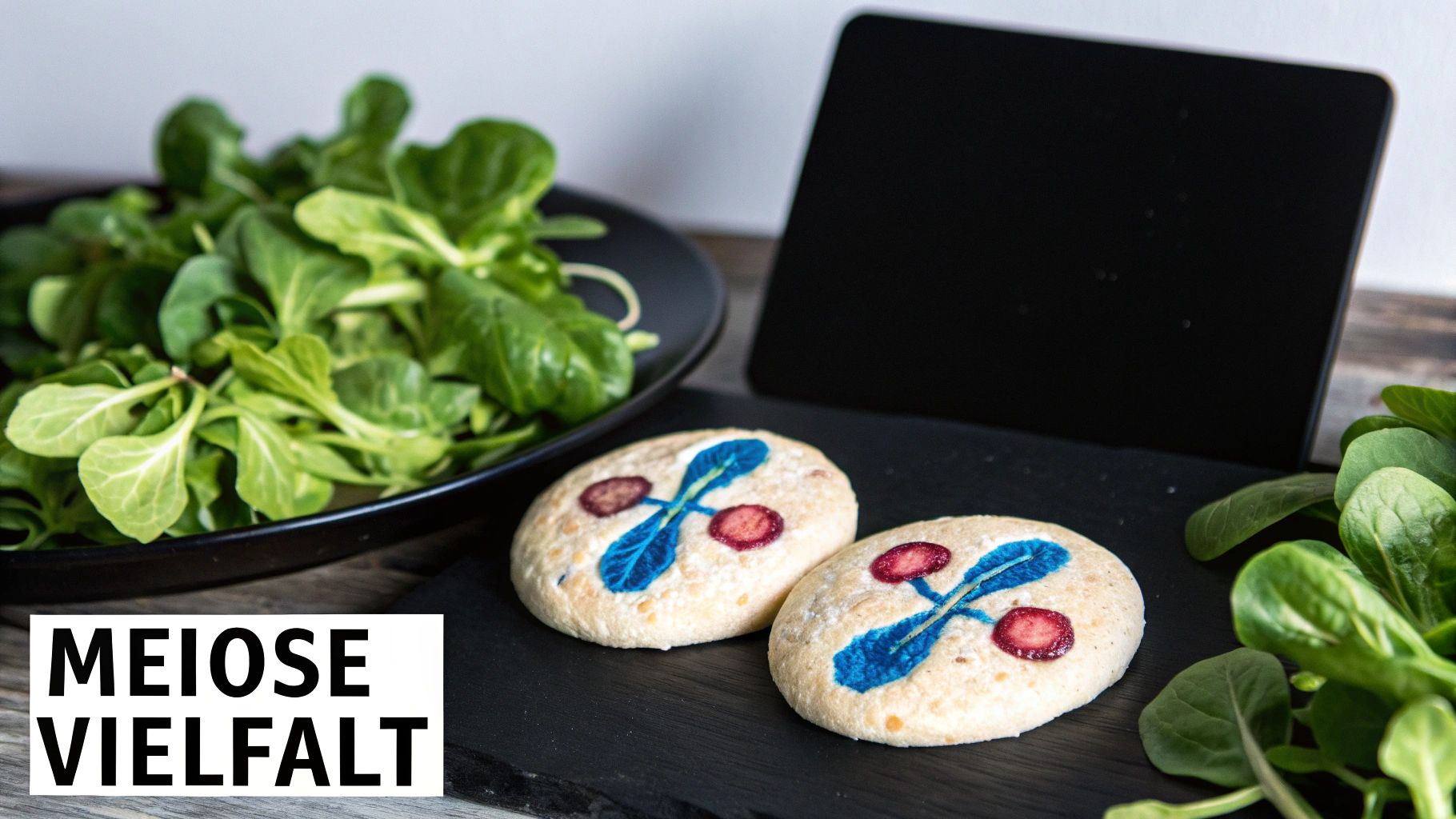 Zwei dekorative Kekse mit Meiose-Darstellung in blau und rot neben frischem Salat auf Schieferplatte