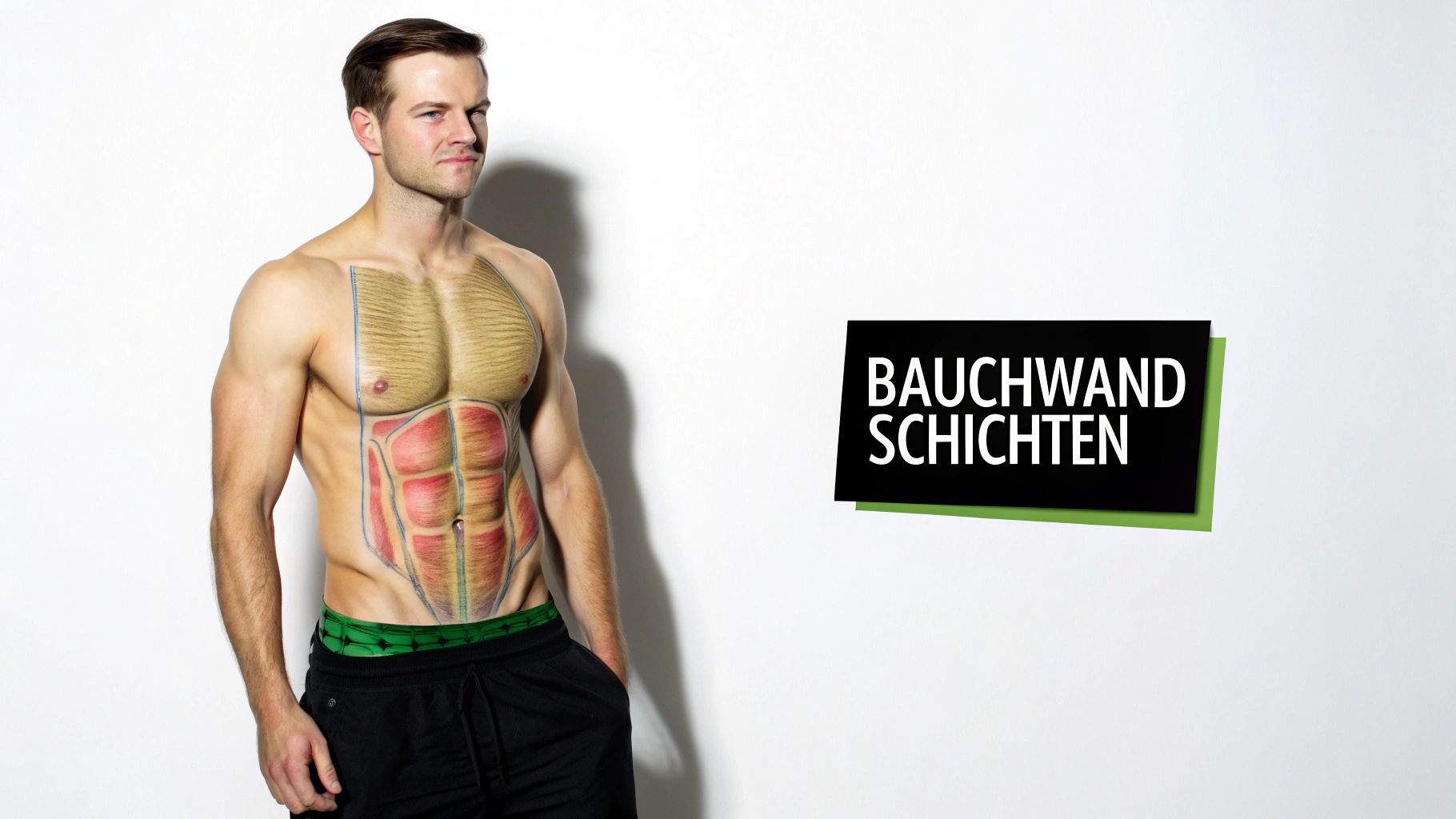 Ein Mann mit detaillierter Bemalung der Bauchmuskeln und Brust, die Bauchwandschichten zeigt.