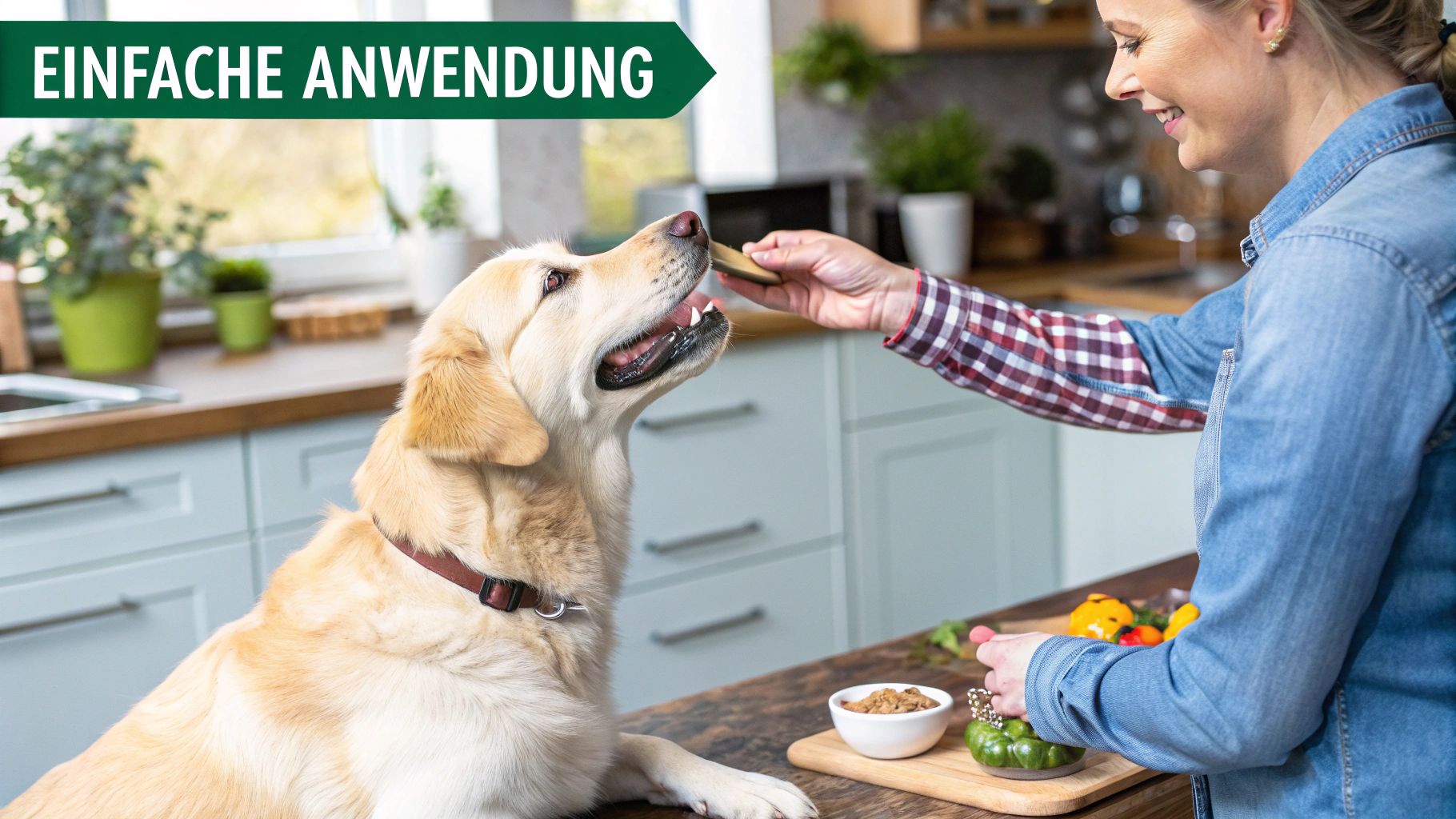 Ein Hundebesitzer mischt Grünlippmuschelpulver in den Futternapf seines Hundes.