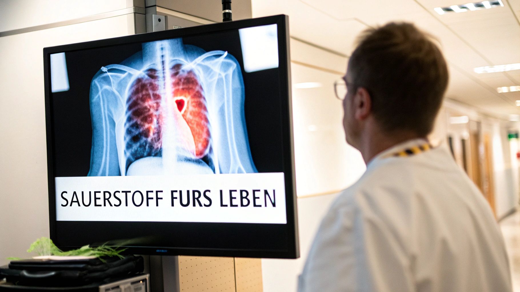 Ein Arzt betrachtet einen Monitor mit einer Röntgenaufnahme der Lunge und dem Text 'SAUERSTOFF FURS LEBEN'.