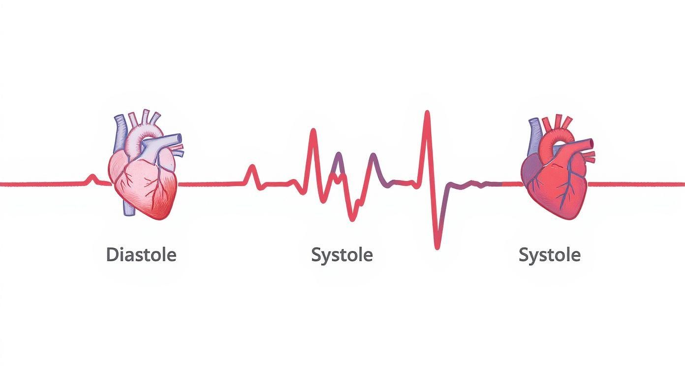 Medizinische Illustration zeigt Diastole und Systole Phasen des Herzzyklus mit anatomischem Herz und EKG-Kurve