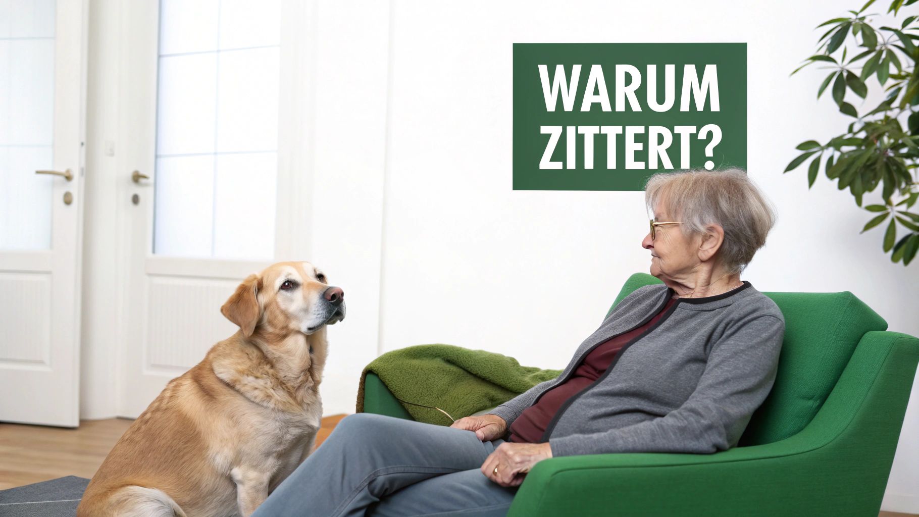 Ältere Frau in grünem Sessel schaut einen Golden Retriever an, mit der Frage 'WARUM ZITTERT?' an der Wand.