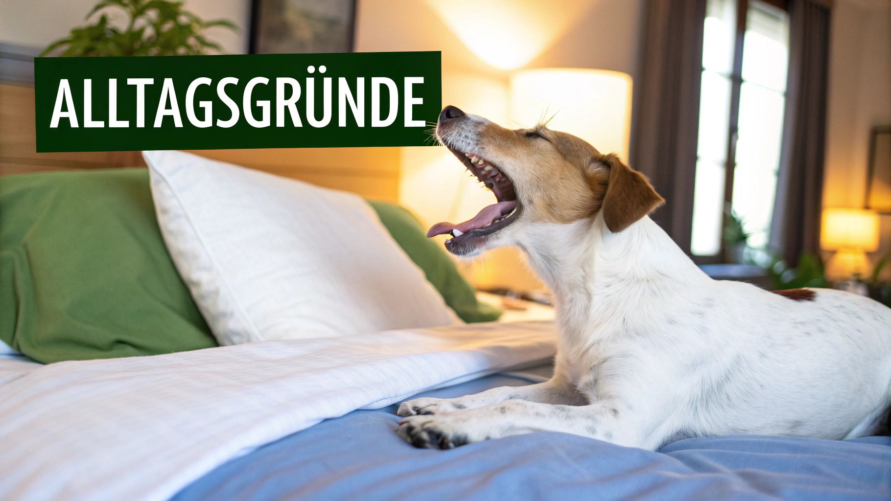Ein Hund streckt sich genüsslich auf einer Wiese im Freien