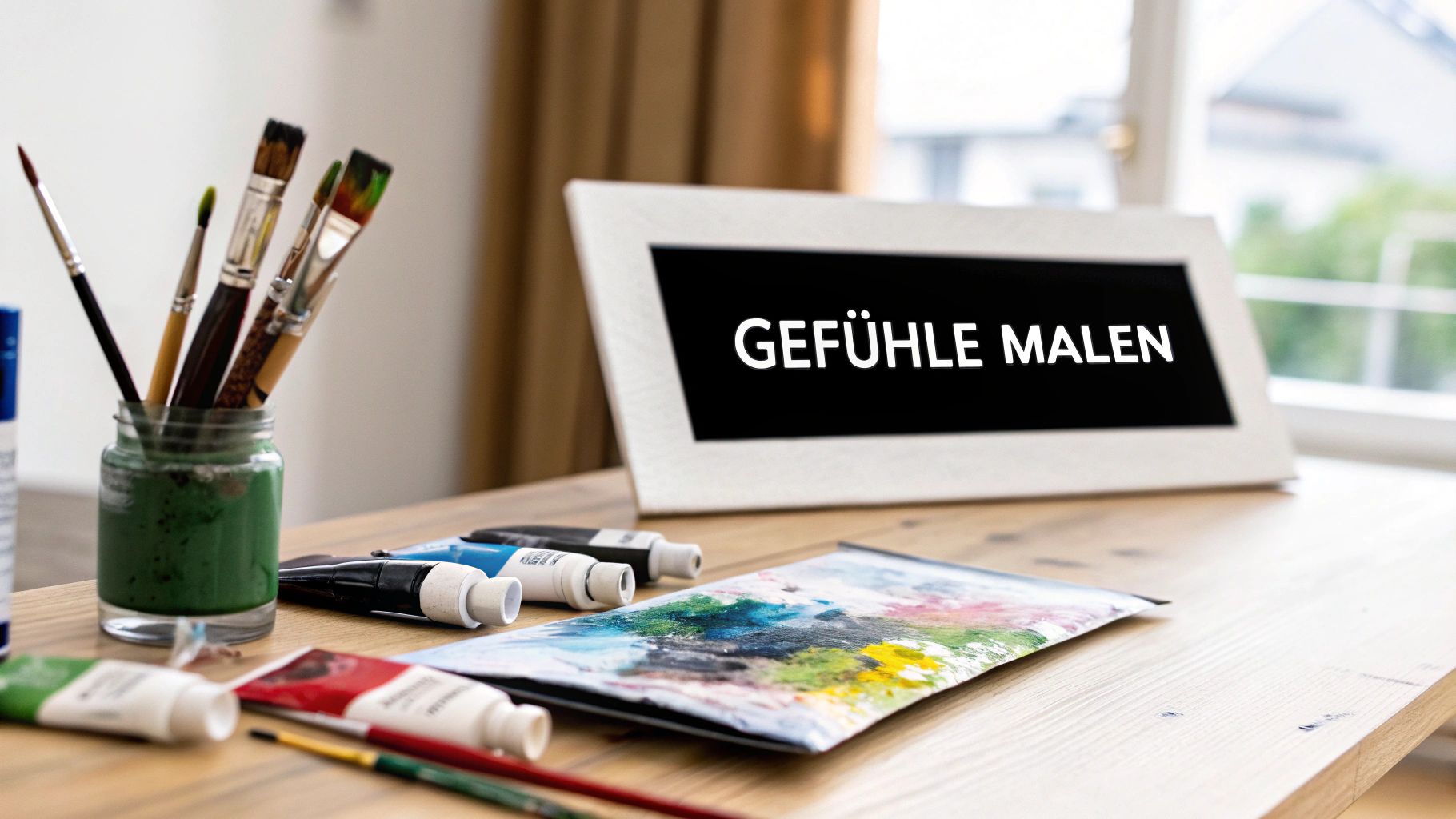 Künstlerbedarf auf einem Holztisch mit Pinseln, Farbtuben und einem Rahmen mit der Aufschrift 'GEFÜHLE MALEN'.