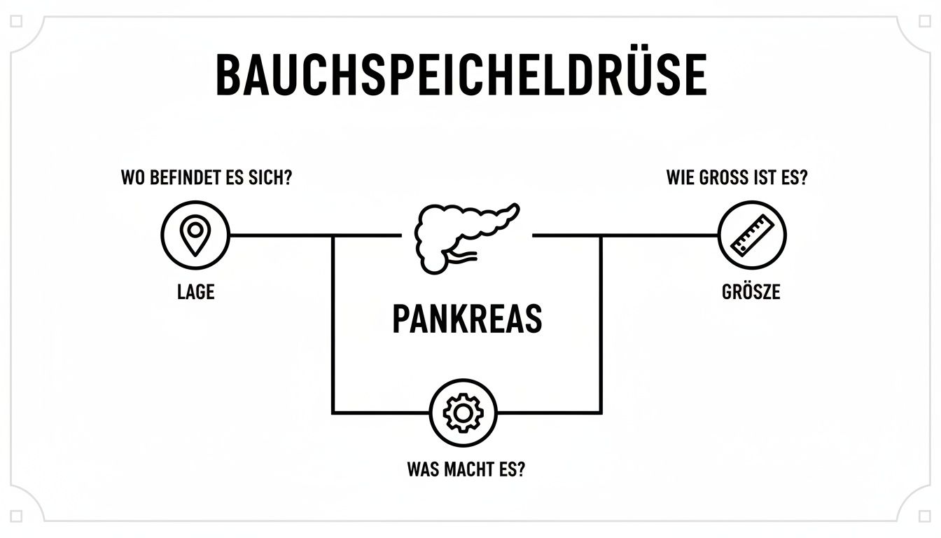 Infografik über die Bauchspeicheldrüse mit Fragen zu ihrer Lage, Größe und Funktion für ein besseres Verständnis.