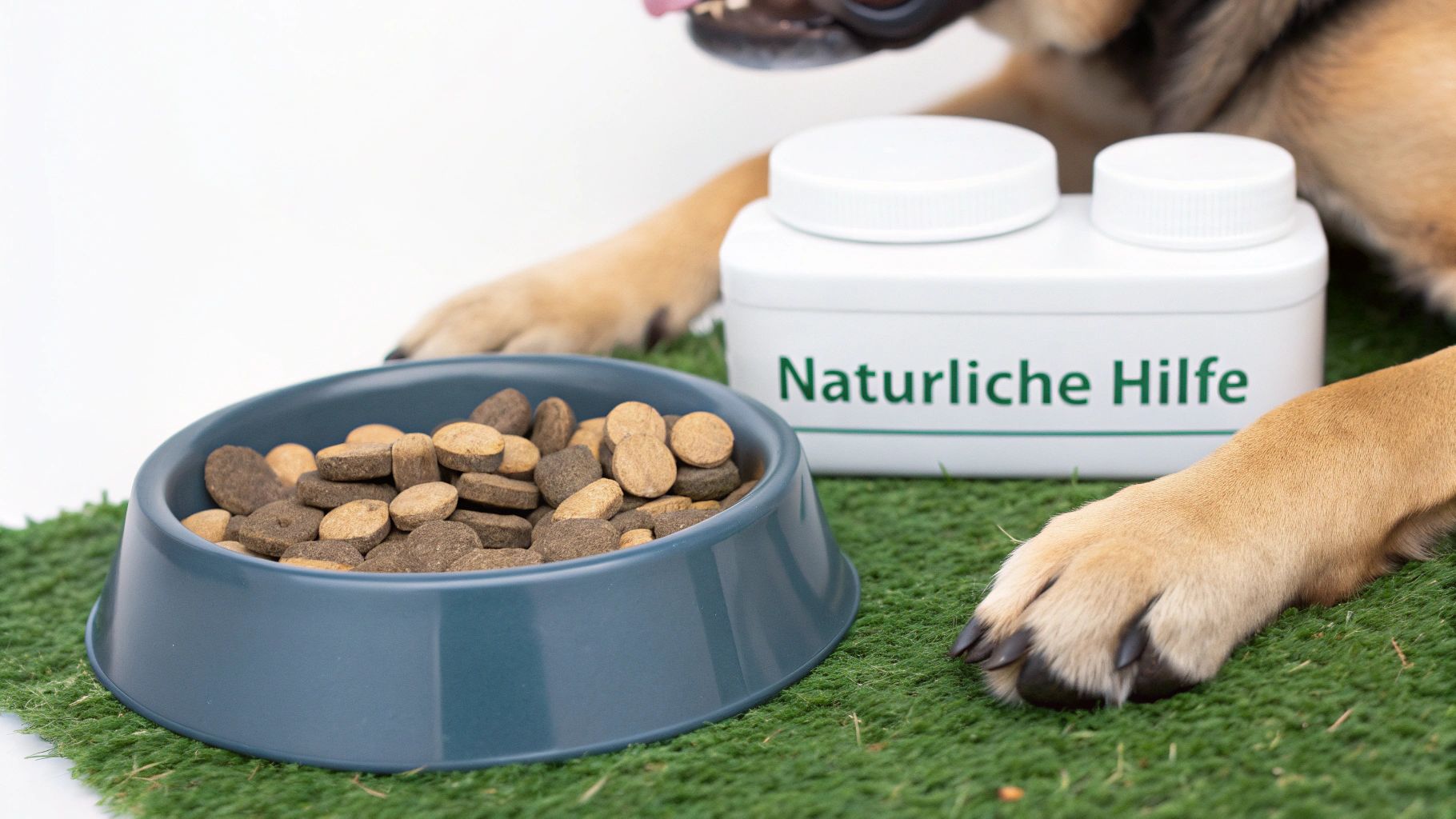 Eine Schale mit Grünlippmuschelpulver und Kapseln, die natürliche Gelenkergänzungen für Hunde darstellen