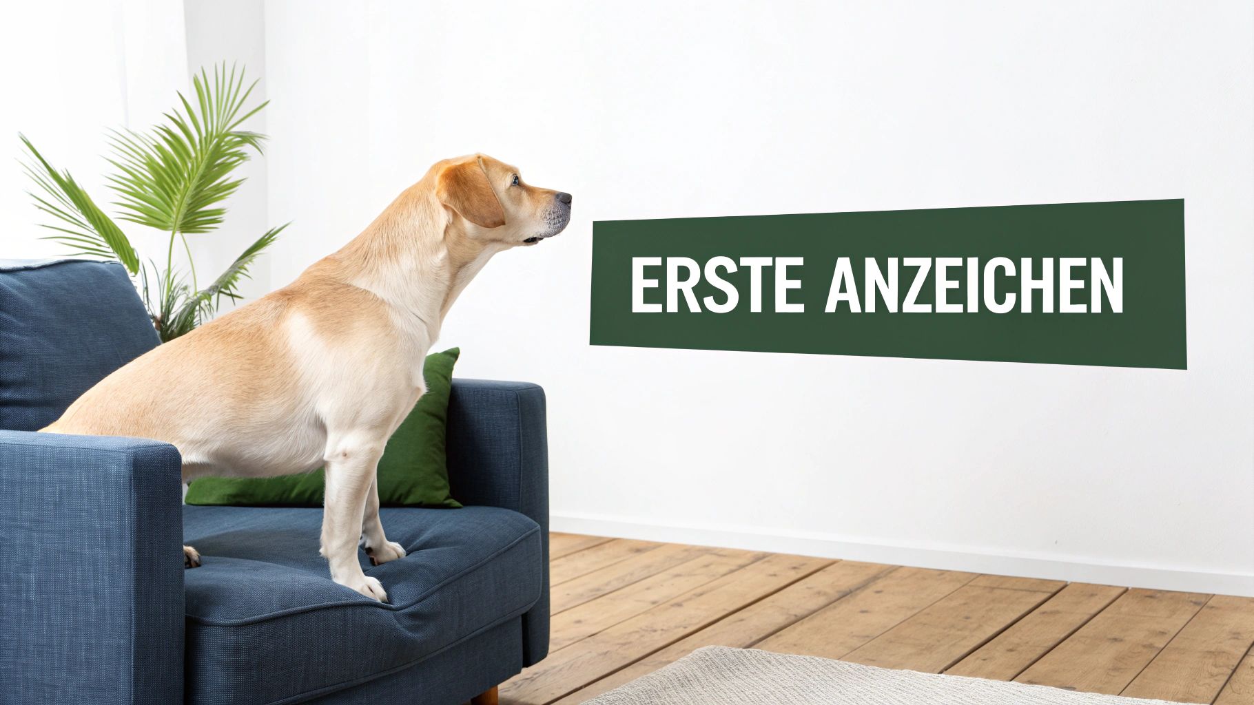 Gelber Labrador auf blauem Sofa blickt auf grünes Schild mit der Aufschrift 'ERSTE ANZEICHEN'.