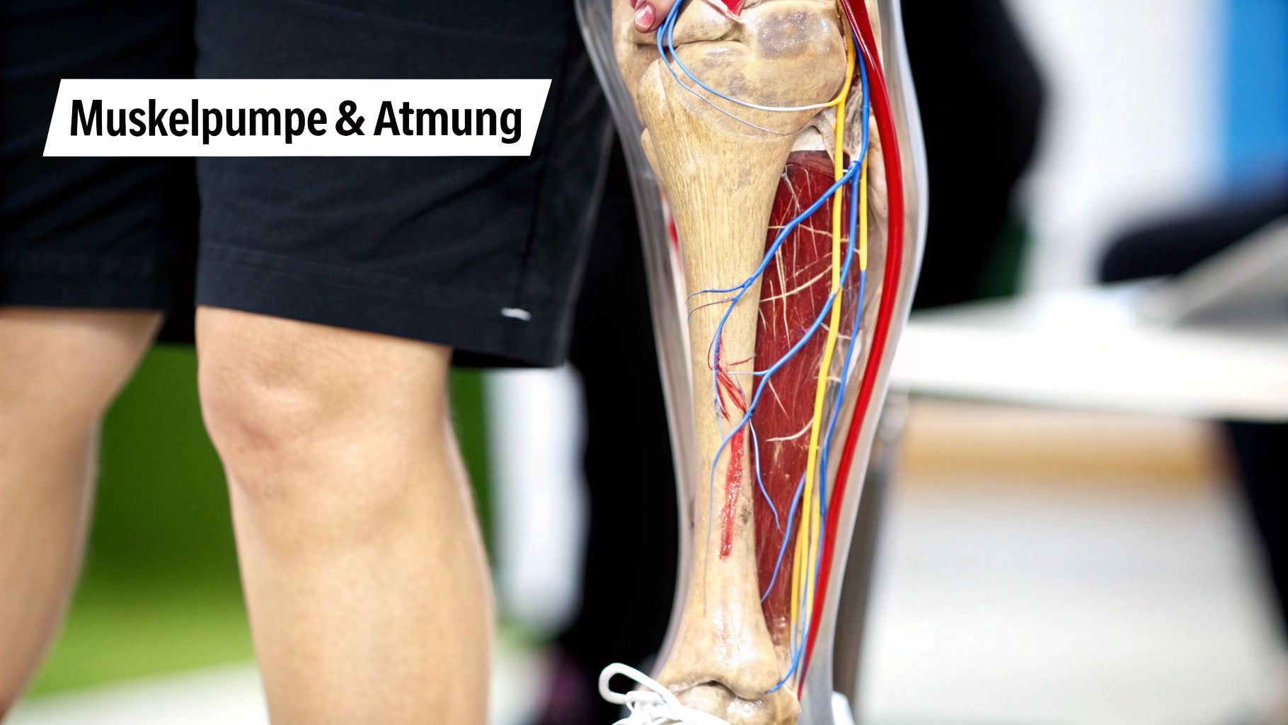Anatomisches Modell eines menschlichen Beins mit sichtbaren Knochen, Muskeln, Gefäßen und Nerven, neben einem menschlichen Bein. Text: Muskelpumpe & Atmung.