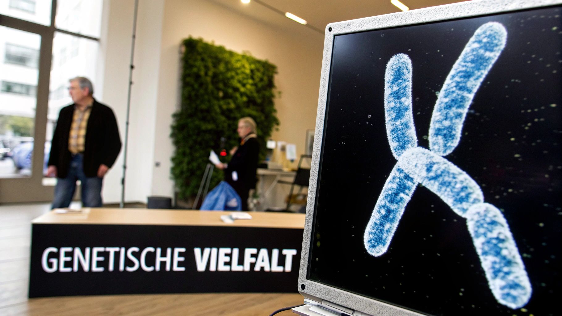 Ein Computermonitor zeigt vergrößerte blaue Chromosomen. Im Hintergrund sind undeutliche Personen und ein Schild mit „GENETISCHE VIELFALT“ zu sehen.