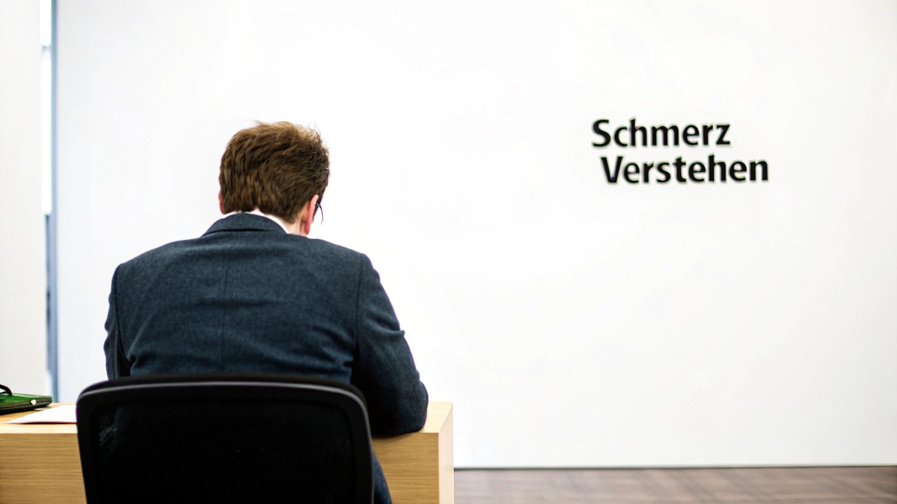 Eine Person sitzt an einem Schreibtisch und blickt auf eine weiße Wand mit der Aufschrift 'Schmerz Verstehen'.