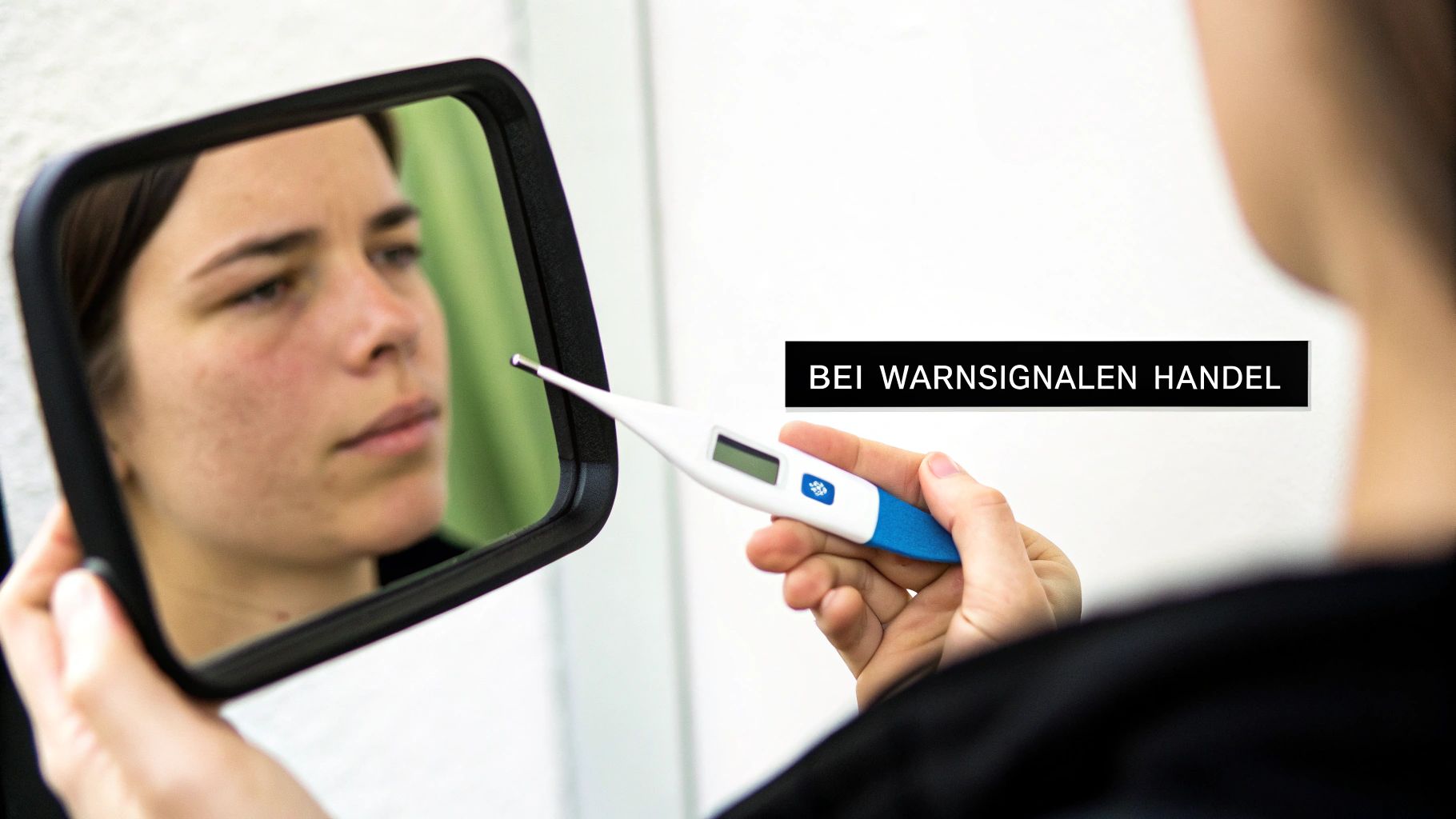 Eine Frau hält sich nachdenklich, aber nicht schmerzerfüllt den Bauch und schaut aus dem Fenster.