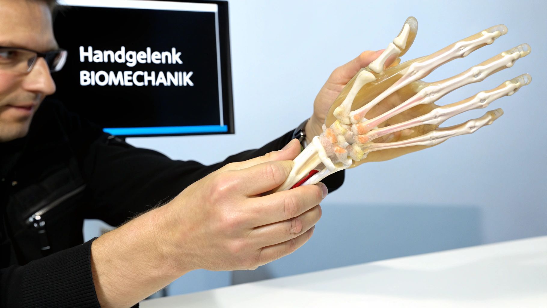Ein Mann hält ein anatomisches Modell eines Handgelenks, im Hintergrund ein Bildschirm mit "Handgelenk BIOMECHANIK".