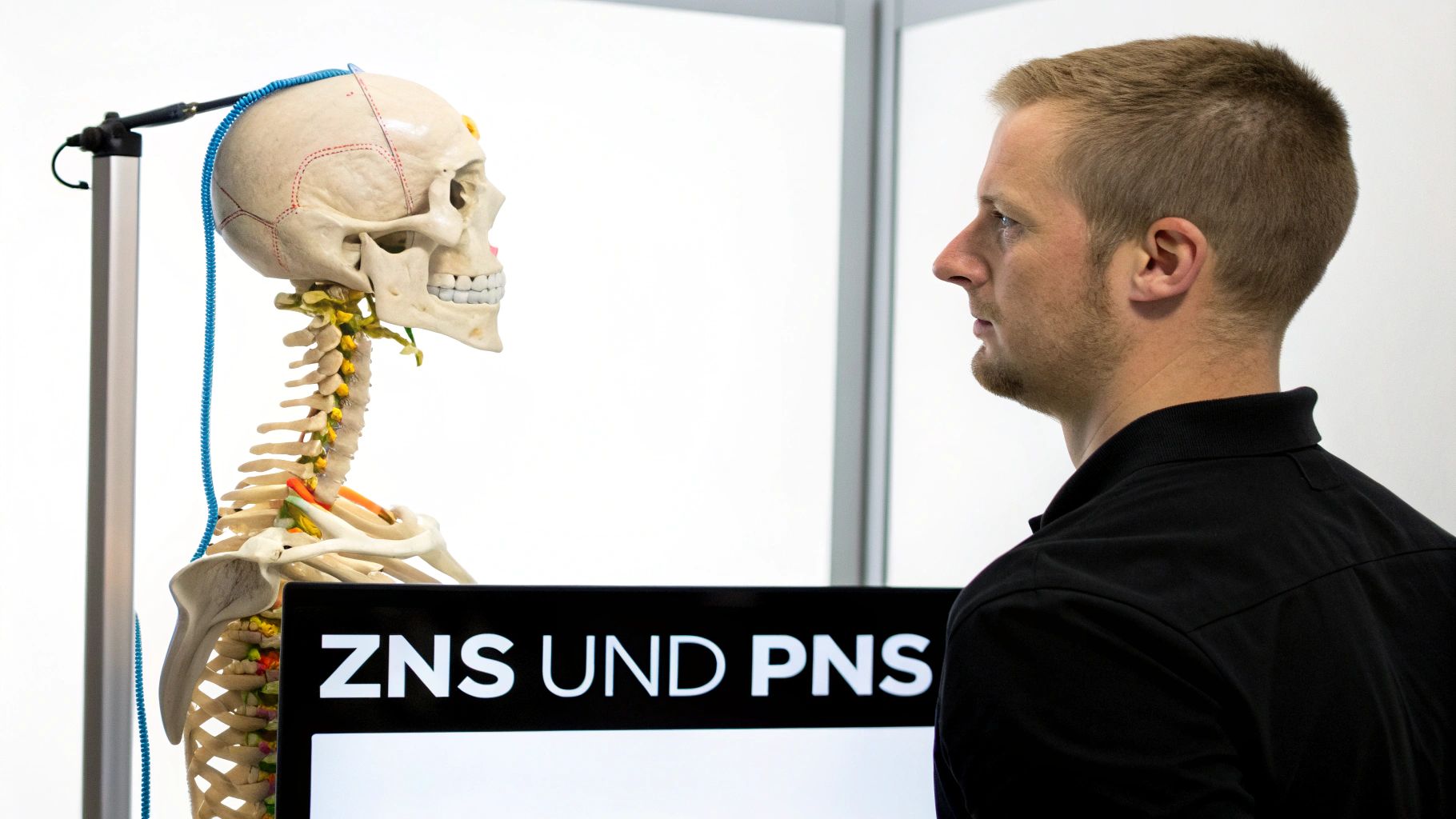 Eine anatomische Darstellung, die das Zentrale Nervensystem (Gehirn und Rückenmark) in einer Farbe und das Periphere Nervensystem (Nervenbahnen im Körper) in einer anderen Farbe hervorhebt.