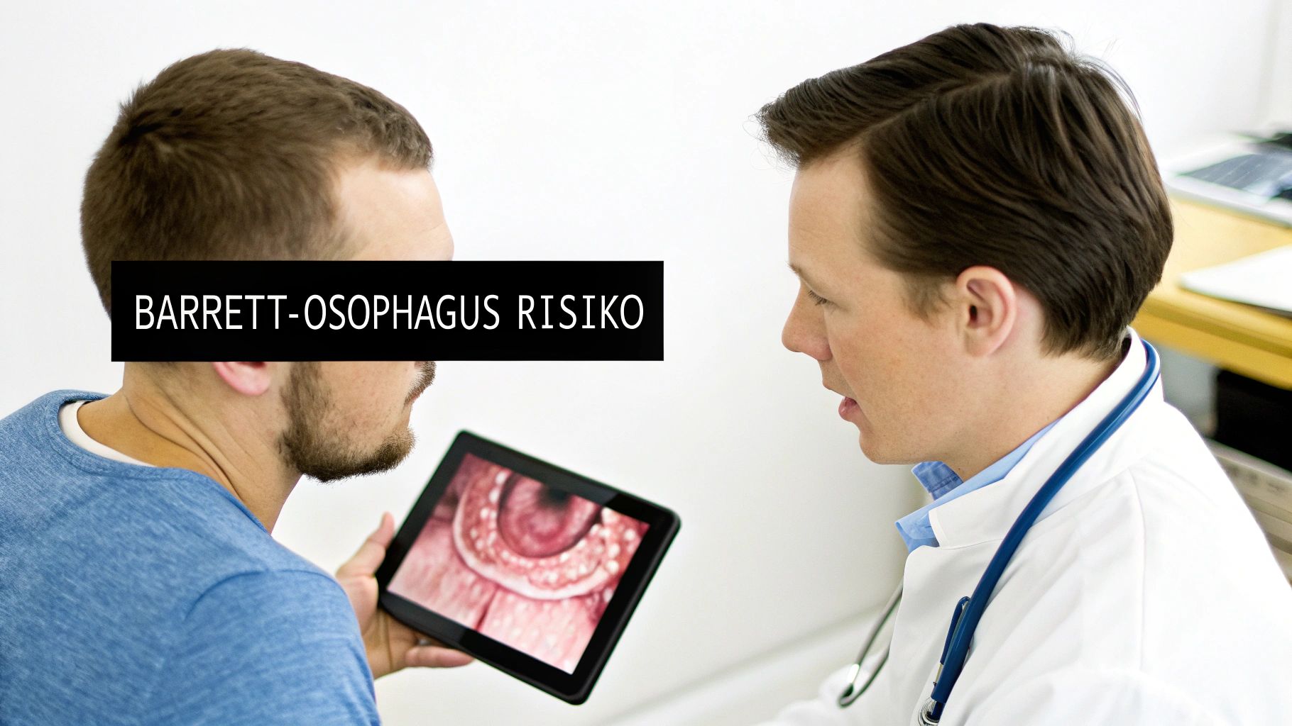 Arzt und Patient diskutieren über Barrett-Ösophagus-Risiko, während sie ein medizinisches Bild auf einem Tablet betrachten.