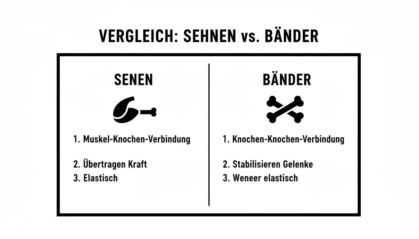 Ein Vergleichsbild, das die Unterschiede zwischen Sehnen und Bändern im menschlichen Körper erklärt. Es zeigt ihre Funktionen und Verbindungen.