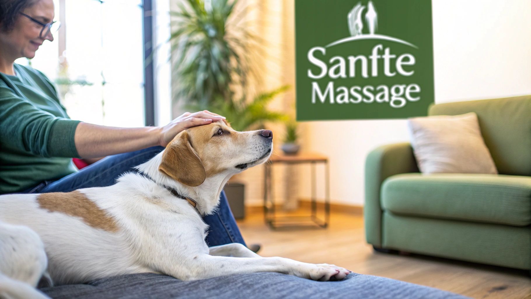 Eine Person massiert sanft die Hinterbeine eines Hundes, der entspannt auf dem Boden liegt.