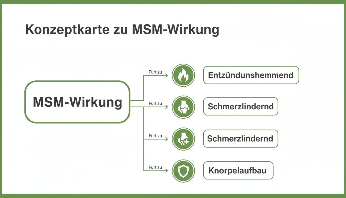 Konzeptkarte zur MSM-Wirkung, die entzündungshemmende, schmerzlindernde und knorpelaufbauende Effekte darstellt.
