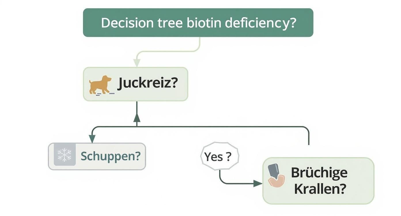 Infografik als Entscheidungsbaum zu Symptomen eines Biotinmangels bei Hunden