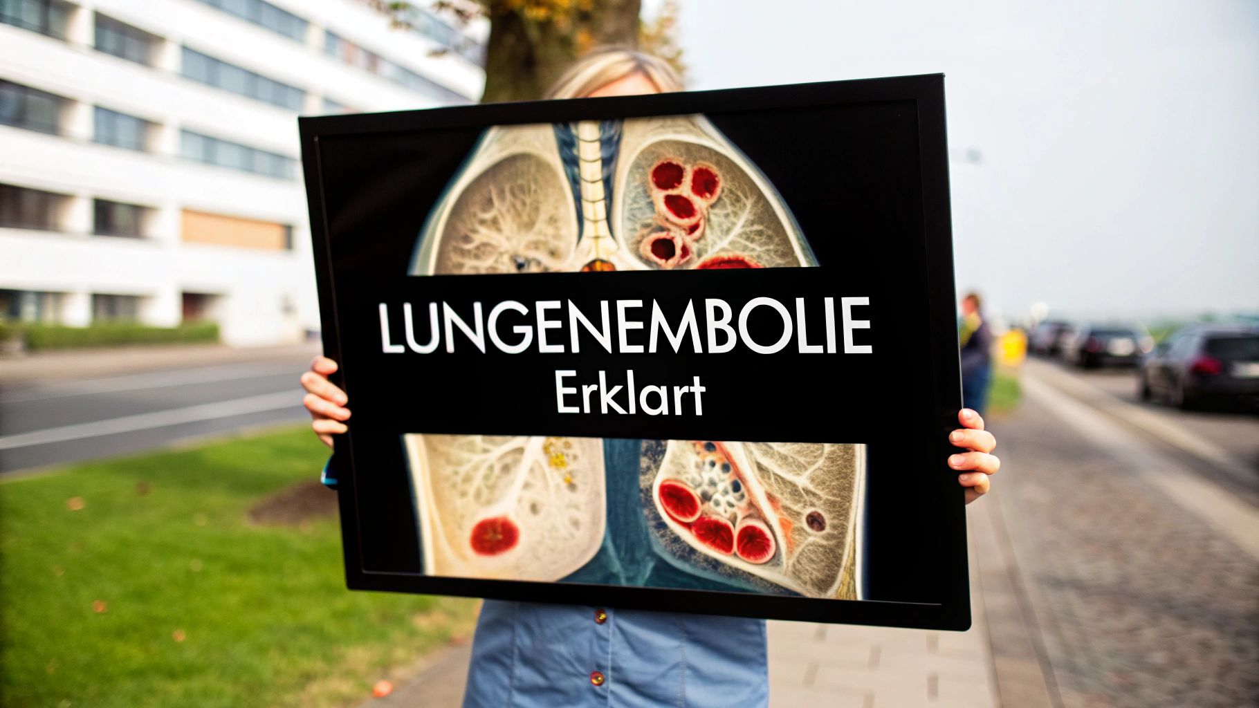Person hält Schild mit der Aufschrift 'Lungenembolie Erklärt' und medizinischen Illustrationen der Lungen.