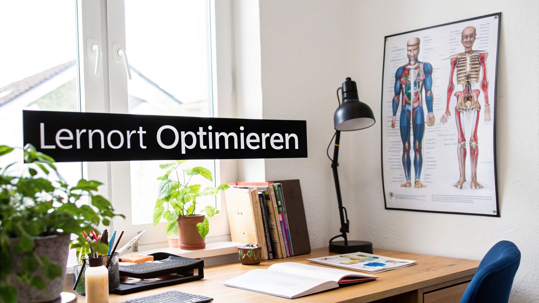 Ein heller Lernort mit Schreibtisch, offenem Buch, Pflanzen und einem Anatomieposter, dazu der Schriftzug 'Lernort Optimieren'.