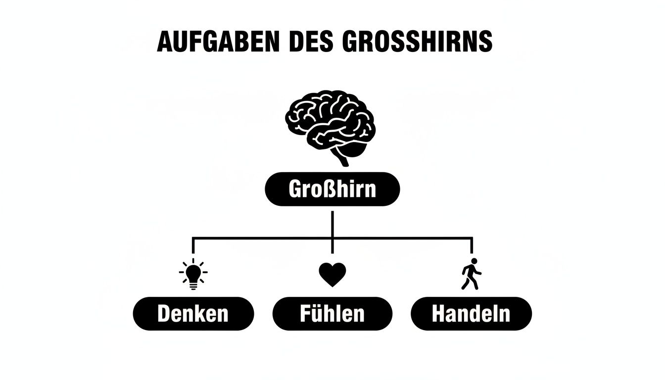 Diagramm zeigt die Aufgaben des Großhirns: Denken, Fühlen und Handeln, mit entsprechenden Symbolen.
