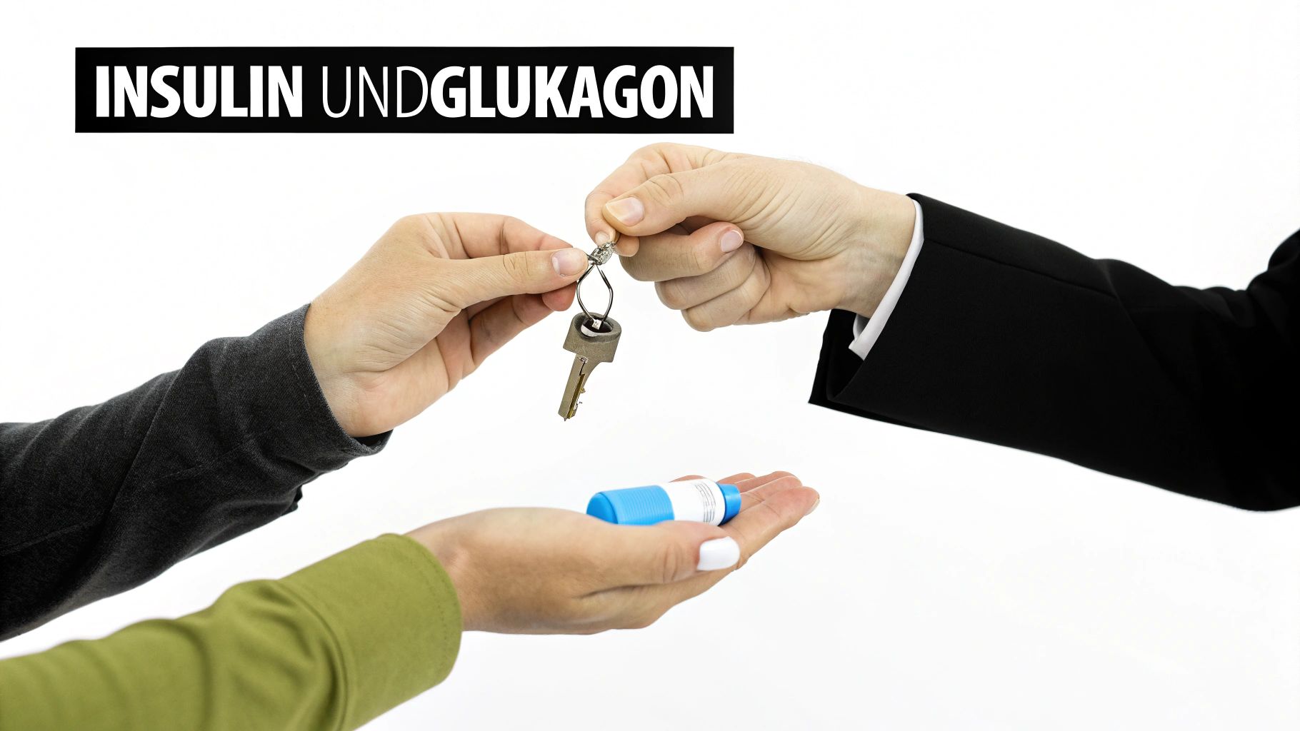 Zwei Hände tauschen einen Schlüssel und einen Insulinpen aus, mit der Aufschrift 'Insulin und Glukagon'.