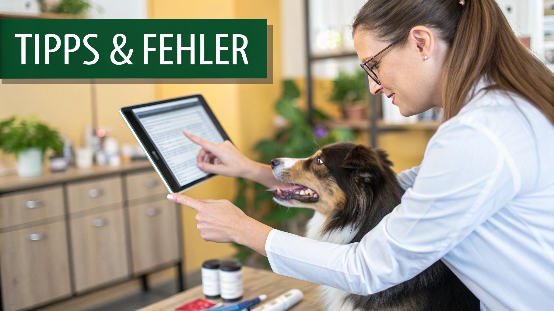 Ein Hund schaut fragend in die Kamera, während im Hintergrund Medikamente liegen.