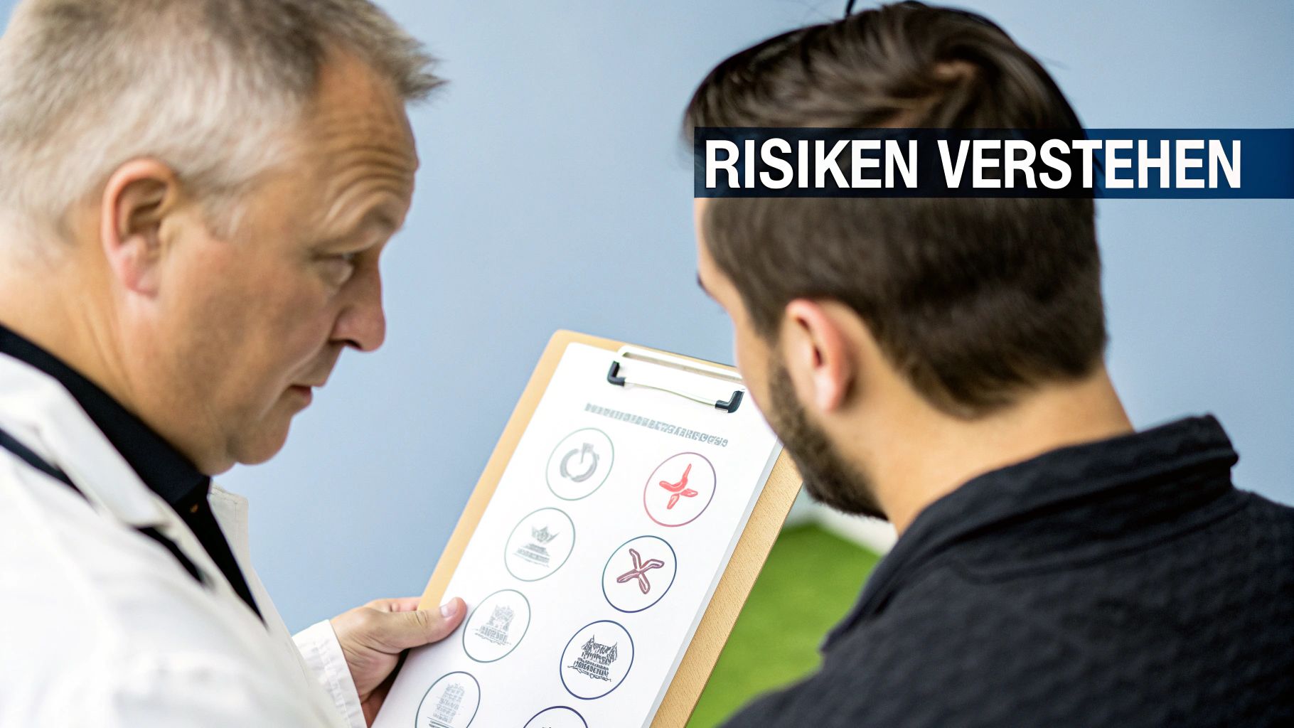 Zwei Männer betrachten eine Klemmbrett mit Piktogrammen und dem Text "Risiken verstehen" während einer Beratung.