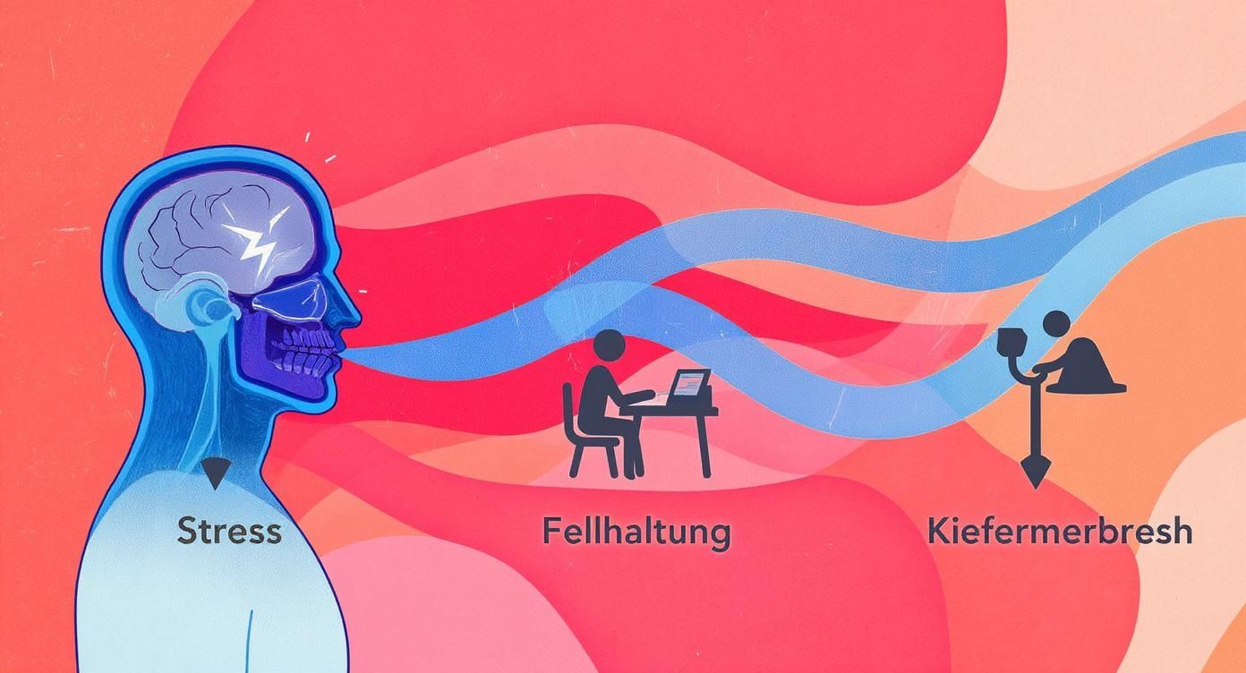 Illustration zeigt den Zusammenhang zwischen Stress im Kopf, schlechter Haltung und Kieferbeschwerden.