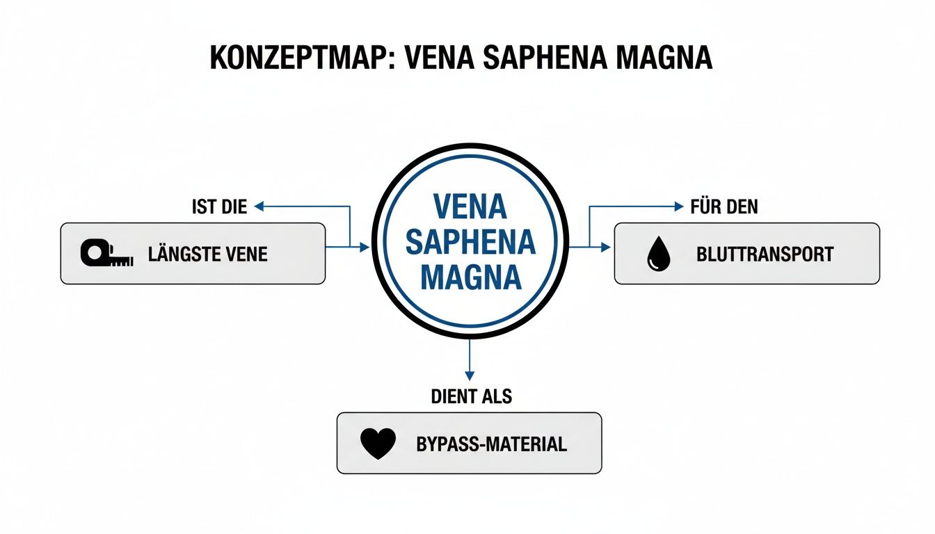 Konzeptkarte zur Vena Saphena Magna, die als längste Vene dem Bluttransport dient und als Bypass-Material eingesetzt wird.