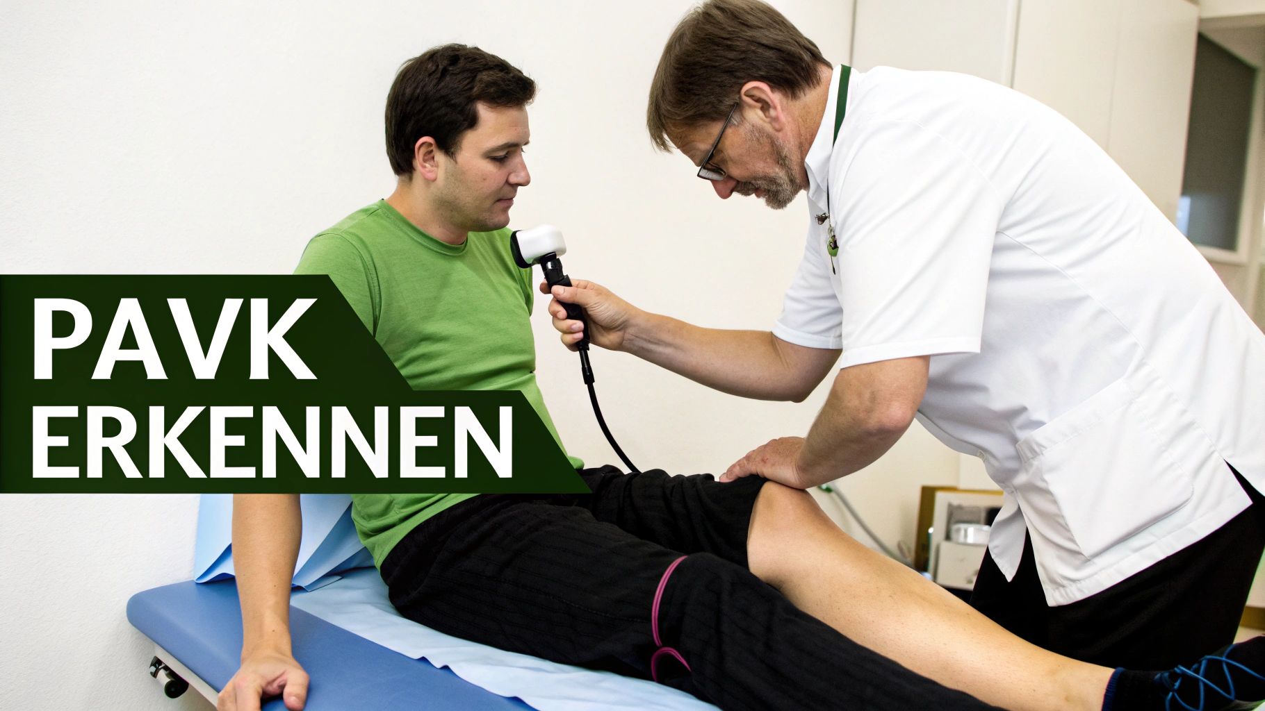 Ein Arzt untersucht das Bein eines Patienten mit einem medizinischen Gerät zur Erkennung von PAVK.