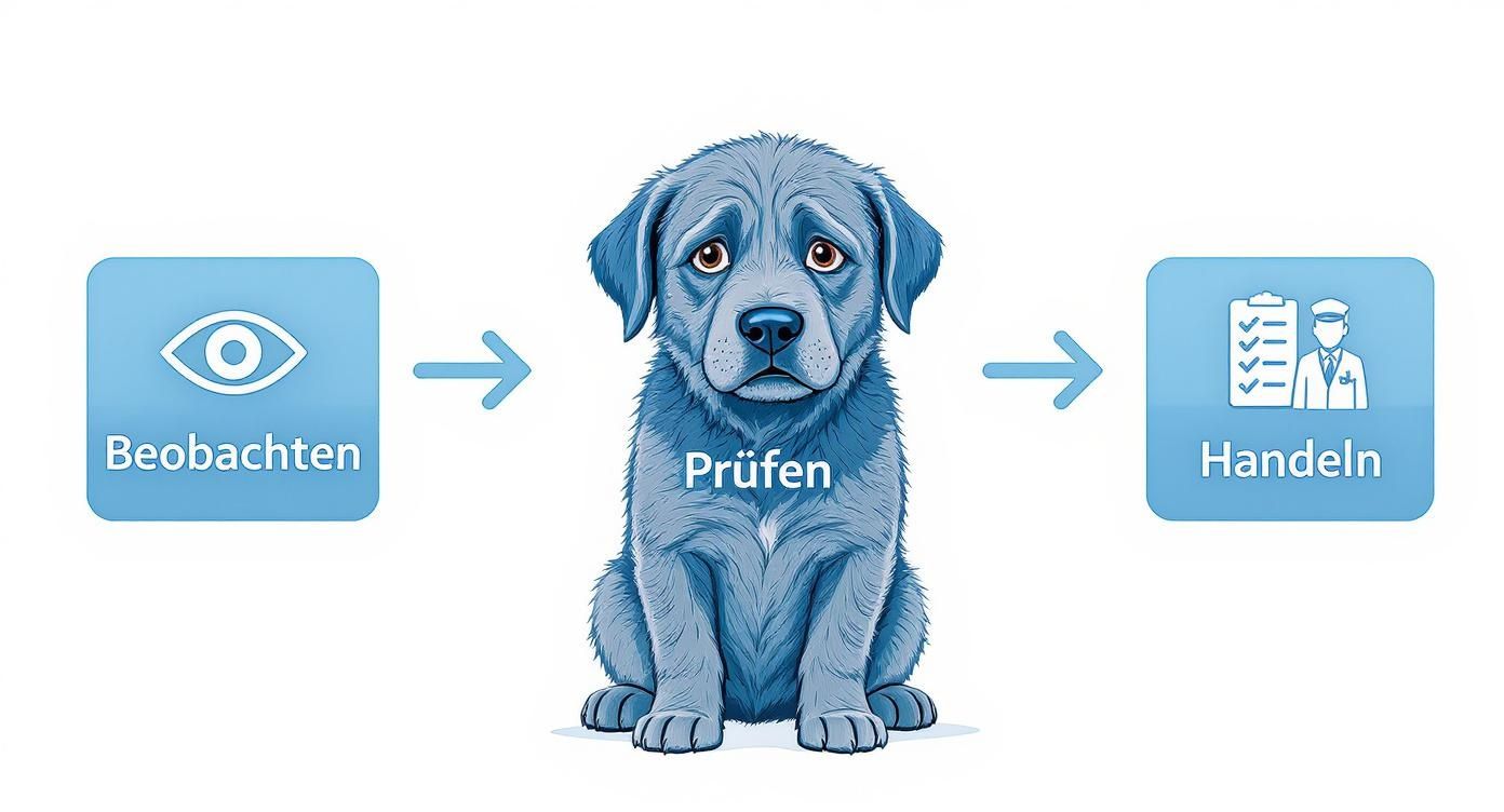 Eine Illustration eines blauen Welpen, der den Schritt 'Prüfen' zwischen 'Beobachten' und 'Handeln' darstellt.