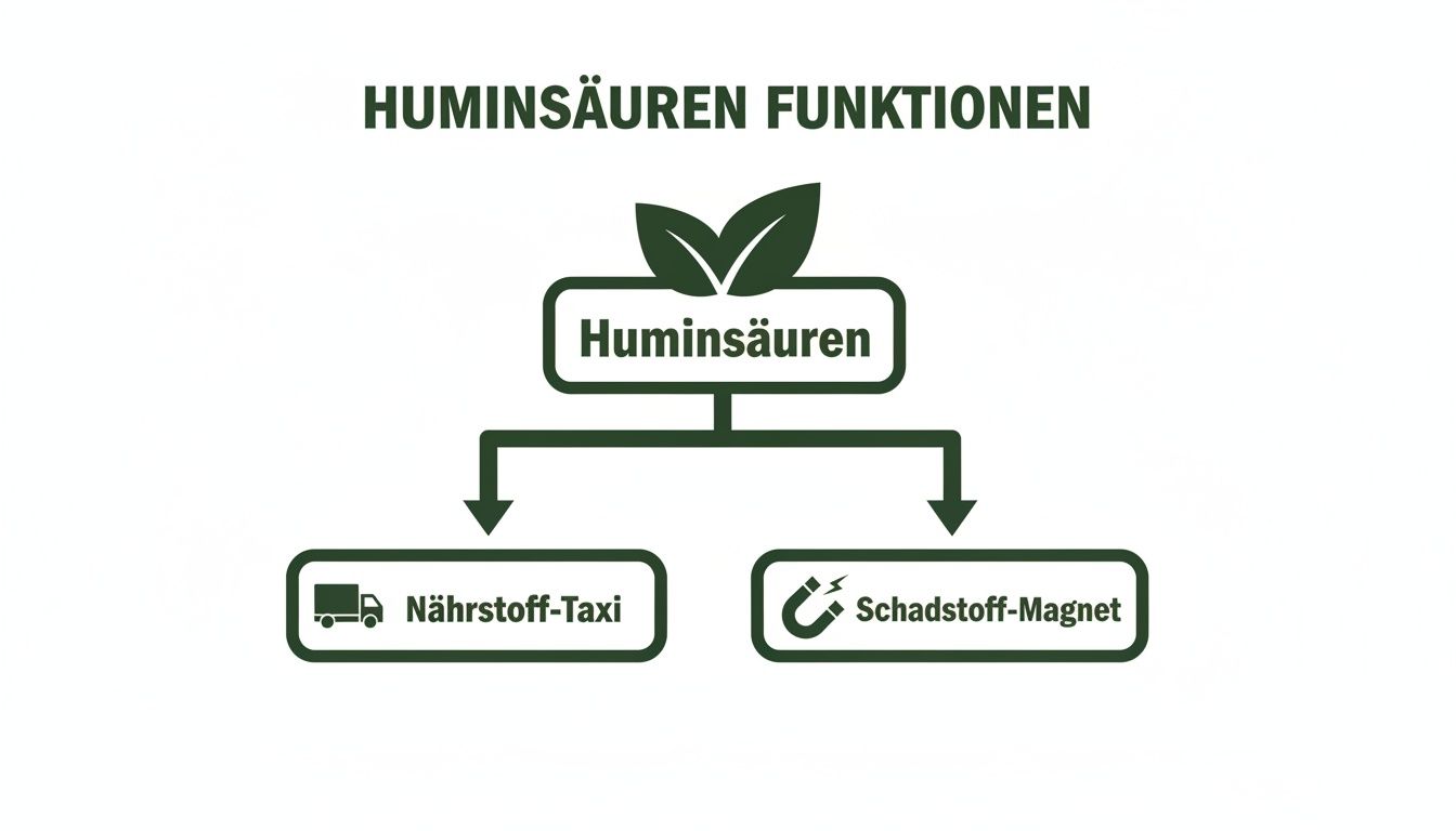 Infografik zeigt die Funktionen von Huminsäuren als Nährstoff-Taxi und Schadstoff-Magnet für Hunde.