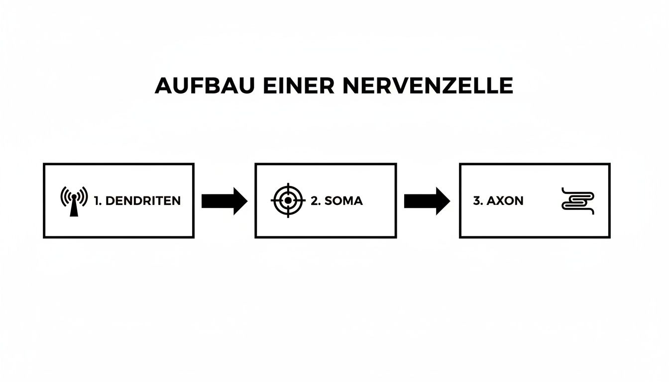 Diagramm zum Aufbau einer Nervenzelle, das die Schritte Dendriten, Soma und Axon mit entsprechenden Symbolen darstellt.