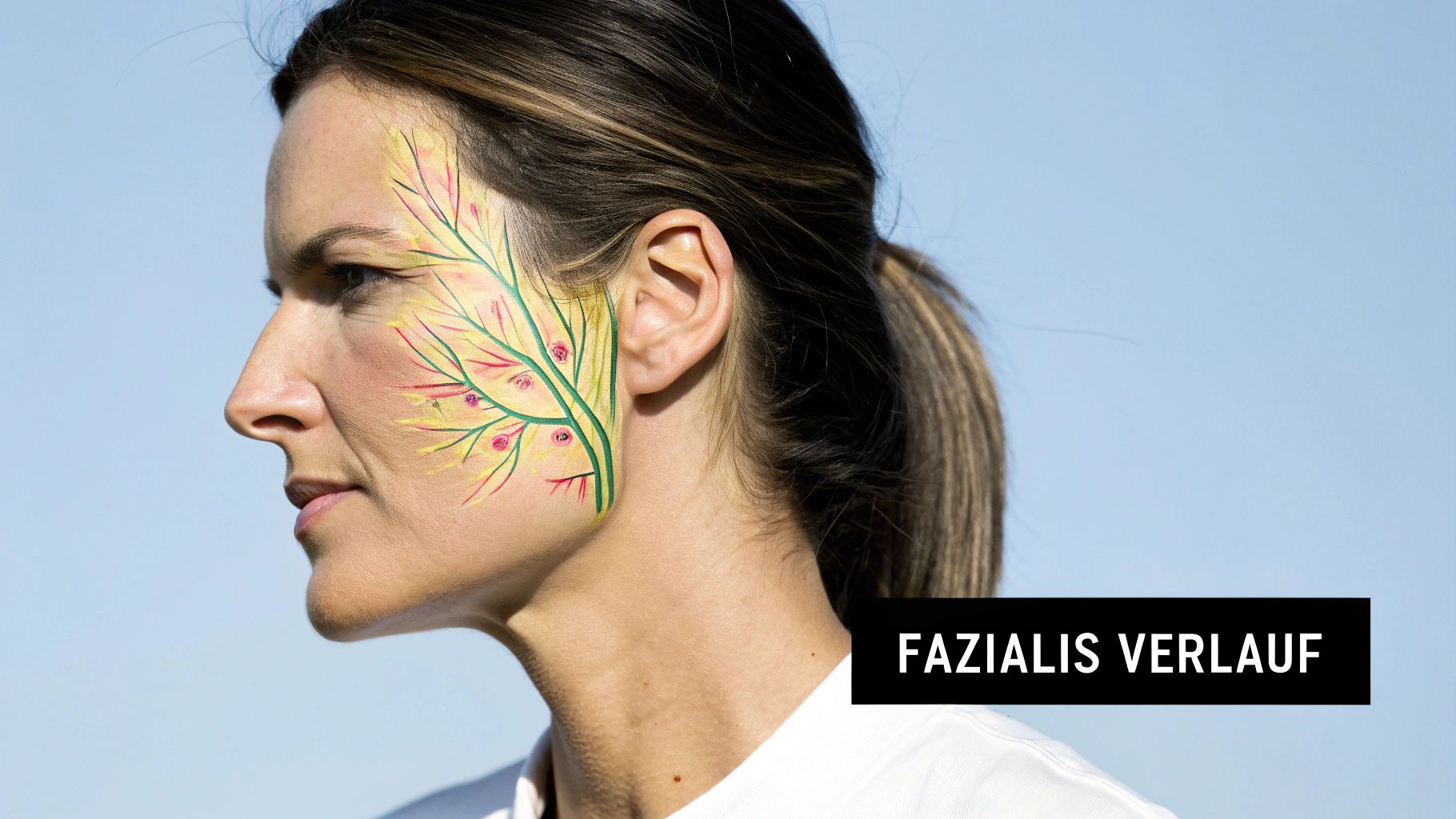 Nahaufnahme einer Frau im Profil mit aufgemalten Fazialisnerven auf der Wange, vor blauem Himmel.