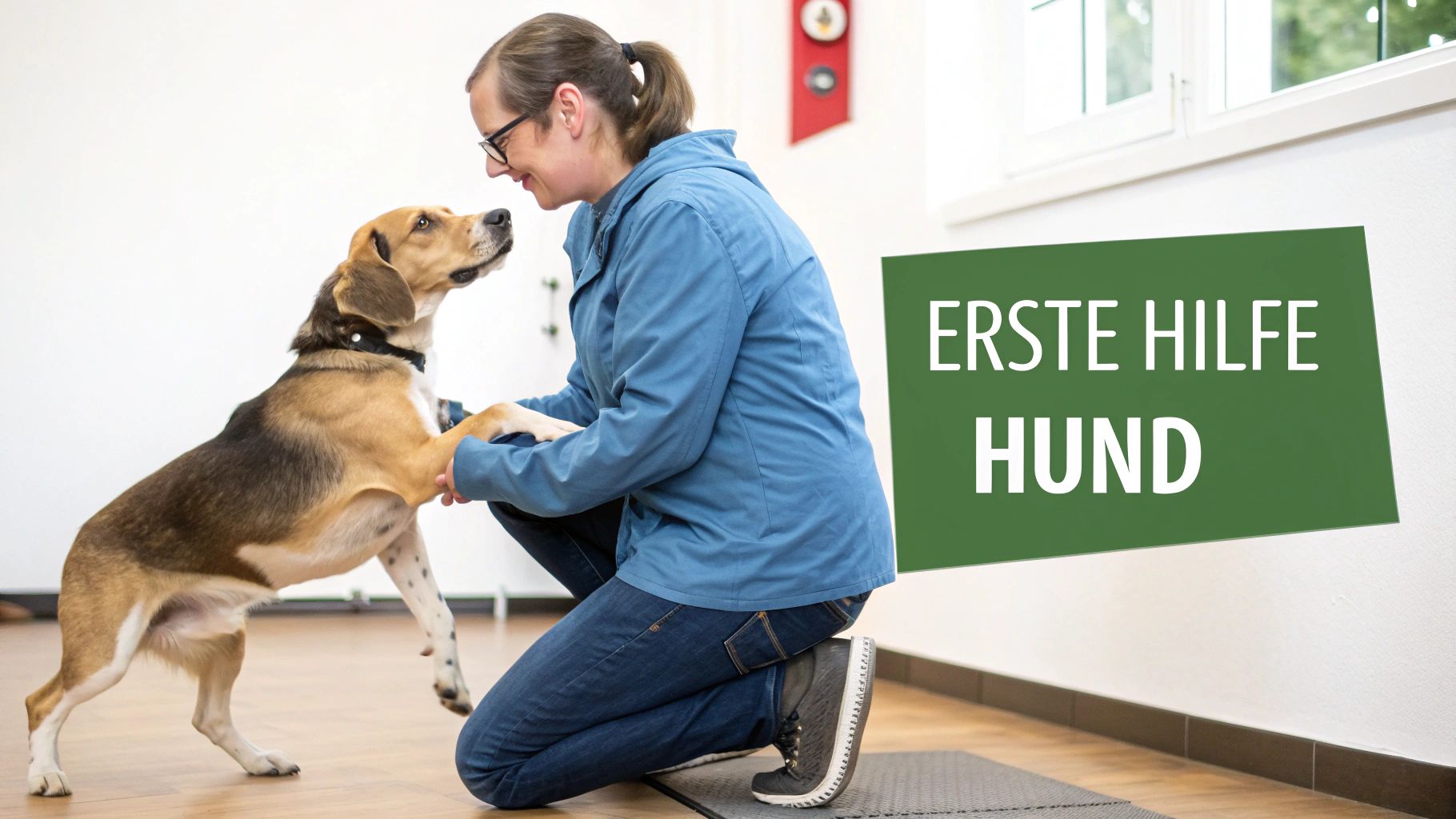 Eine Frau kniet und interagiert liebevoll mit einem Hund, der eine Pfote reicht. Im Hintergrund: 'Erste Hilfe Hund'.