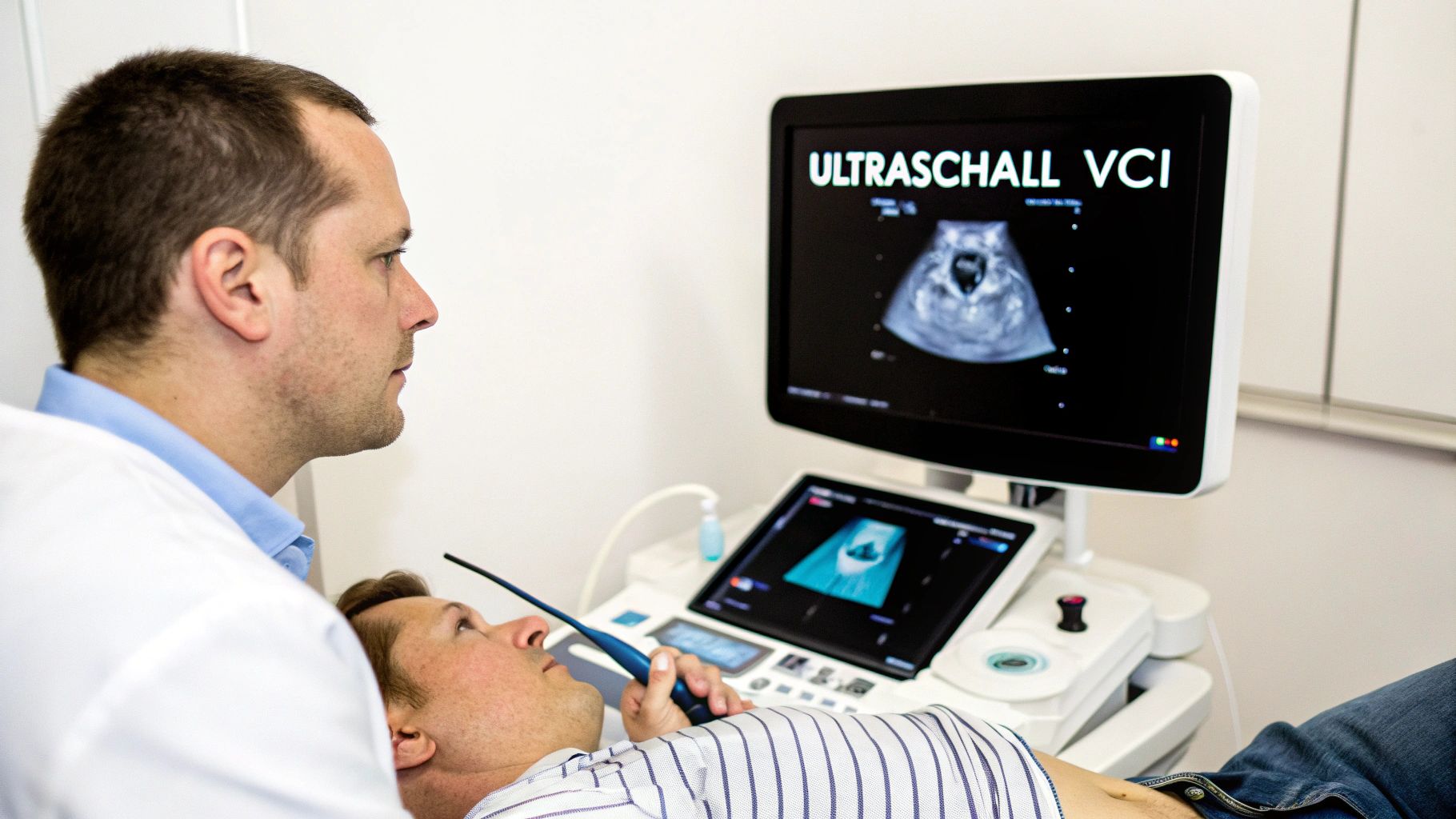 Arzt führt Ultraschall an Patient durch und zeigt das Vena Cava Inferior Ergebnis auf dem Bildschirm.